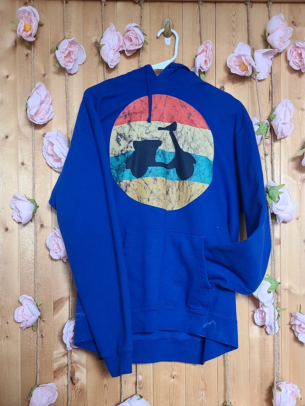Blue Hoodie with Retro Scooter Graphic